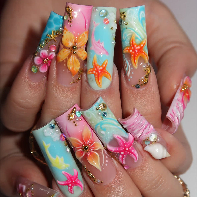 Tropical Paradise Long Square Multicolored Floral Press On Nail Set