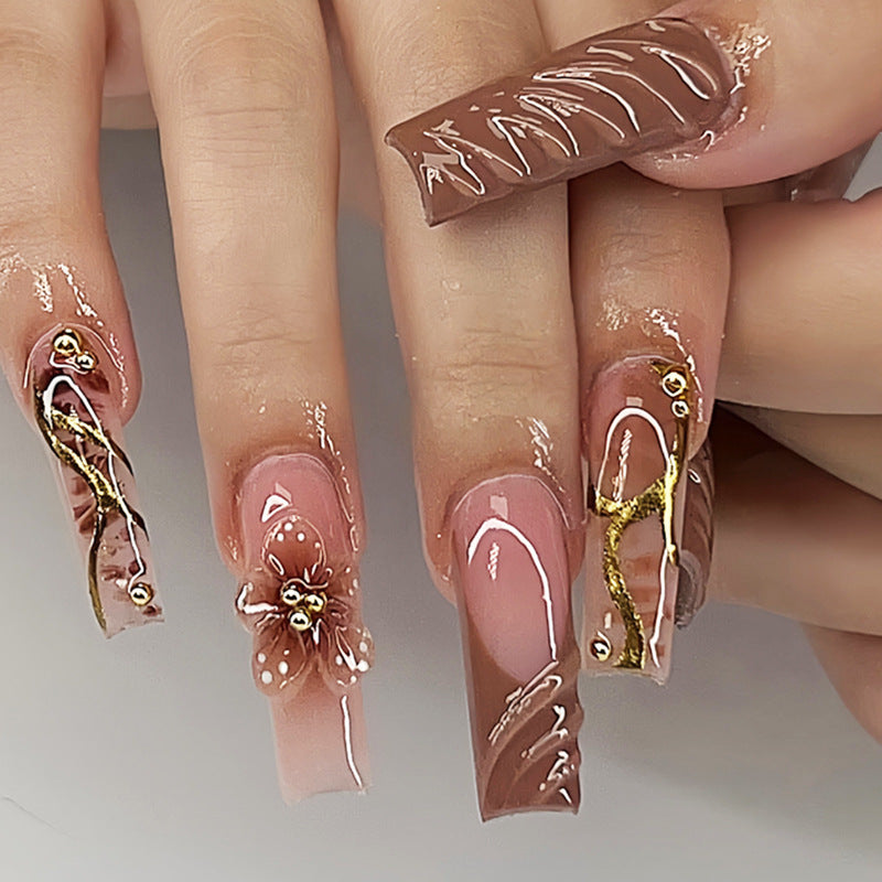 Elegant Floral Fantasy Long Coffin Brown with Decorative Accents Press On Nail Set