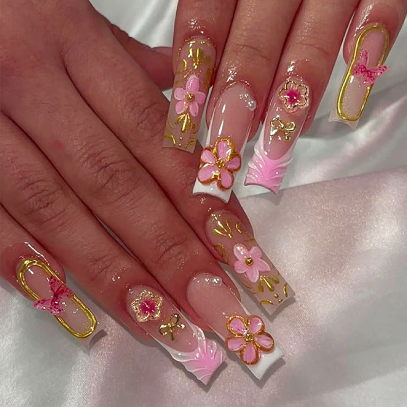Blooming Elegance Long Square Pink Floral Nail Set with Glamorous Gold Accents