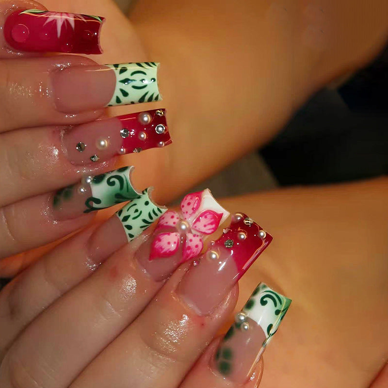 Blooming Elegance Medium Square Green and Red Floral Design Press On Nail Set
