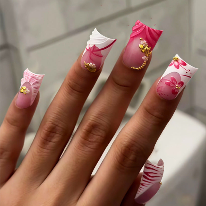 Floral Fantasy Long Duck Pink and Gold Accent Press On Nail Set