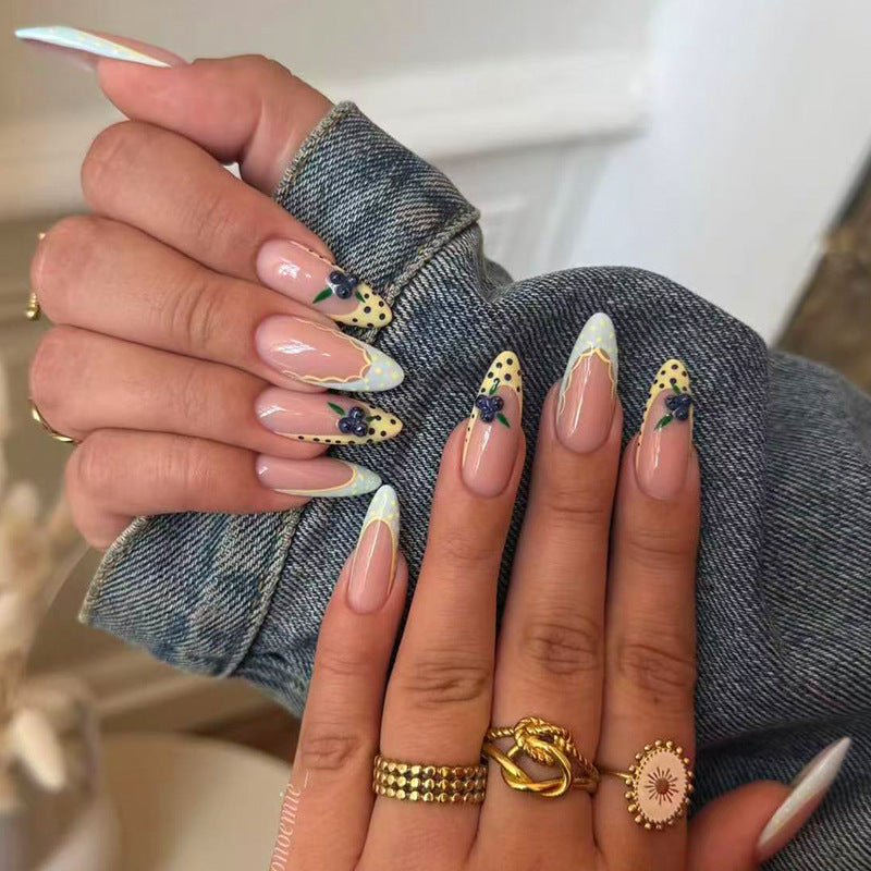 Floral Dream Medium Almond Yellow with Unique Floral Accents Press On Nail Set