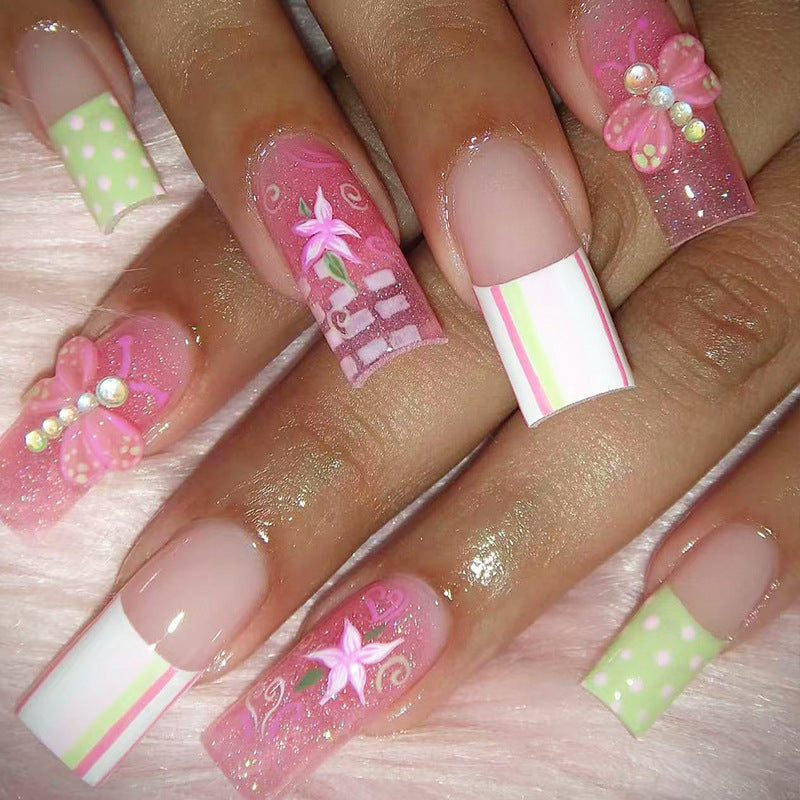 Enchanted Garden Long Square Pink Floral Press On Nail Set with Glitter Finish