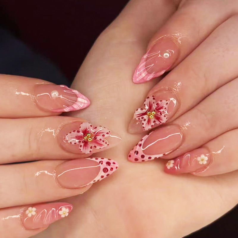 Floral Fantasy Medium Almond Pink Press On Nail Set with Flower Accents