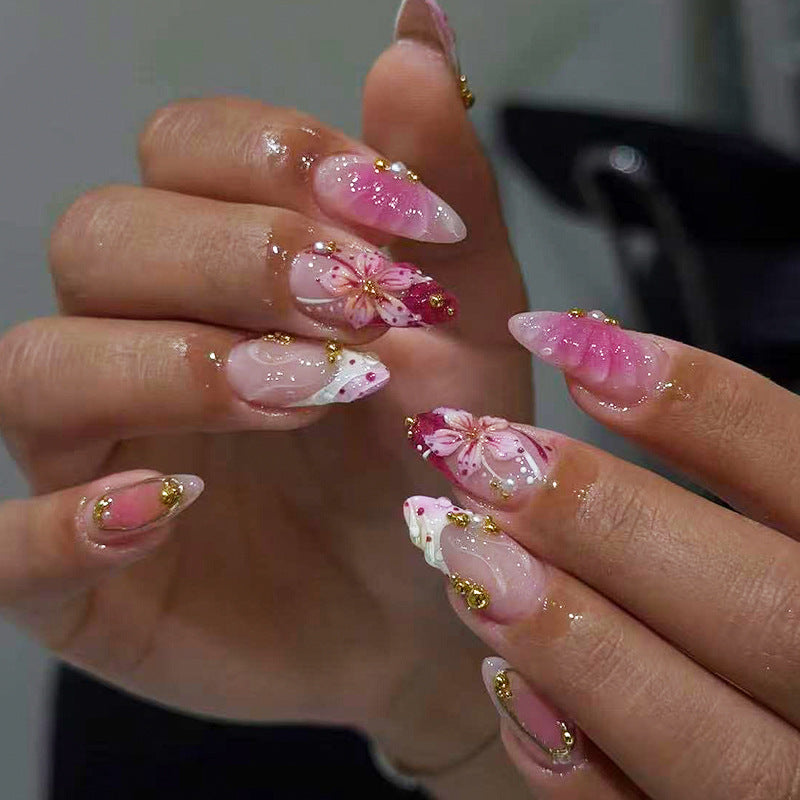 Blossoming Beauty Long Almond Pink Floral Glam Press On Nail Set