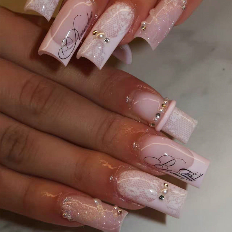 Elegant Romance Long Square Soft Pink with Lace Design and Gem Accents Press on Nail Set