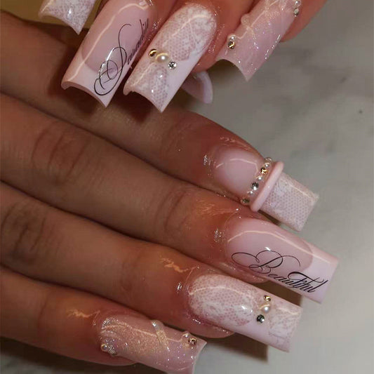 Elegant Romance Long Square Soft Pink with Lace Design and Gem Accents Press on Nail Set