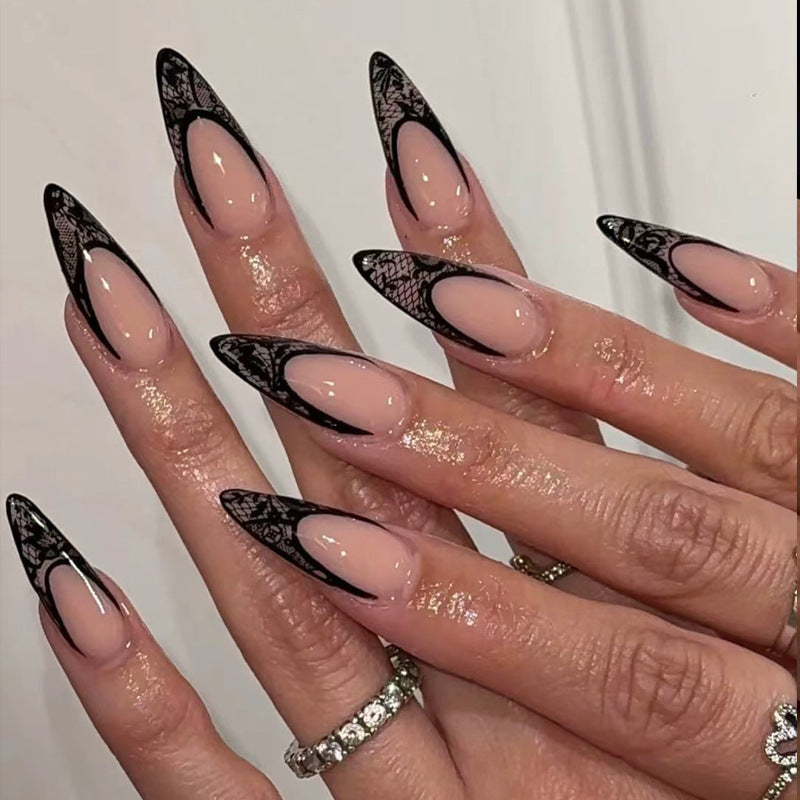 Elegant Gothic Long Almond Black Lace Press On Nail Set
