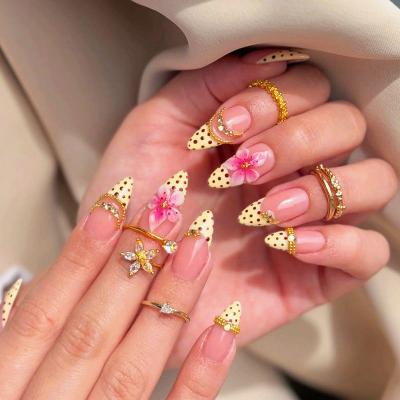 Tropical Floral Medium Almond Beige with Dotted Design and Flower Accents Press On Nail Set