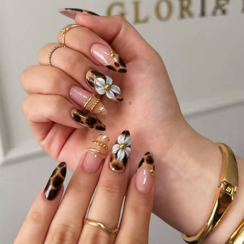 Wild Animal Print Medium Almond Black and Brown Floral Accents Press On Nail Set