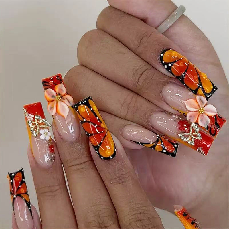 Bohemian Floral Long Square Orange and Black Nail Set with Intricate Butterfly Design