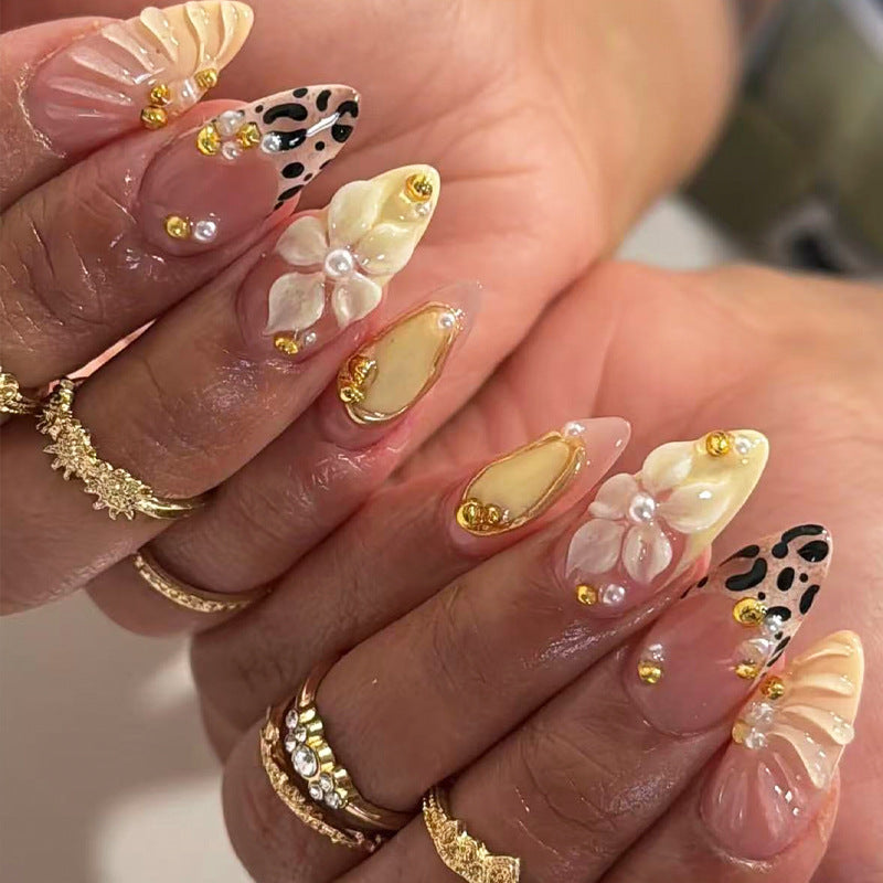 Bohemian Charm Medium Almond Beige Color with Floral and Beaded Embellishments Press on Nail Set