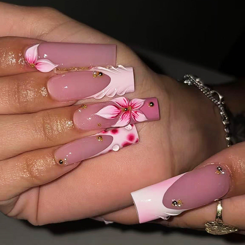 Floral Fantasy Long Square Pink with Elegant Flower Accents Press On Nail Set