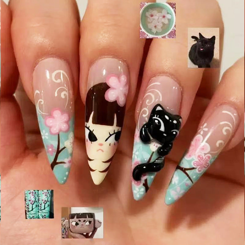 Cherry Blossom Fantasy Medium Almond Light Blue with Whimsical Cat and Floral Design Press On Nail Set