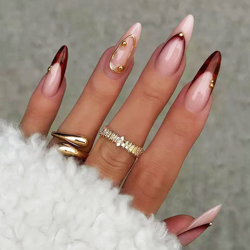 Elegant Twilight Medium Almond Gradient Brown and Pink with Gold Accents Press On Nail Set