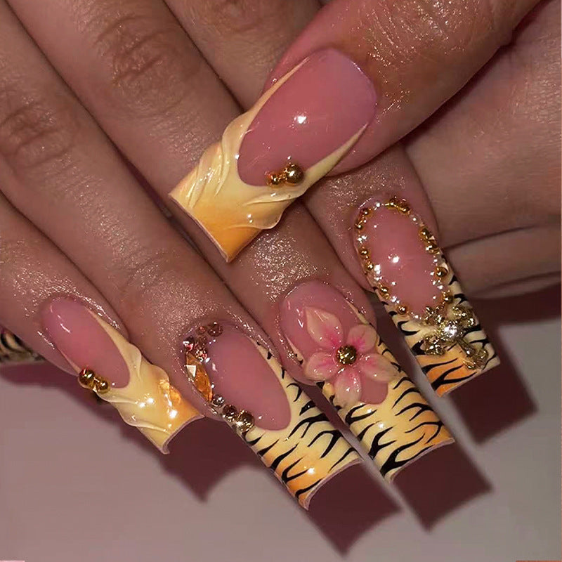 Tropical Elegance Long Square Pink and Orange Nail Set with Floral and Jewel Accents