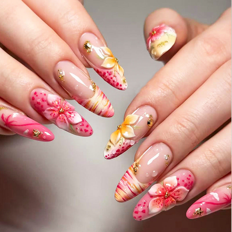 Tropical Bloom Medium Almond Pink Floral Press On Nail Set with Shimmering Accent Gems