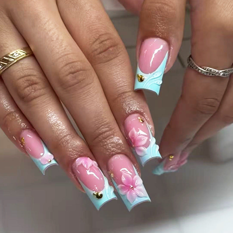 Tropical Bliss Long Square Pink with Floral Accents Press On Nail Set