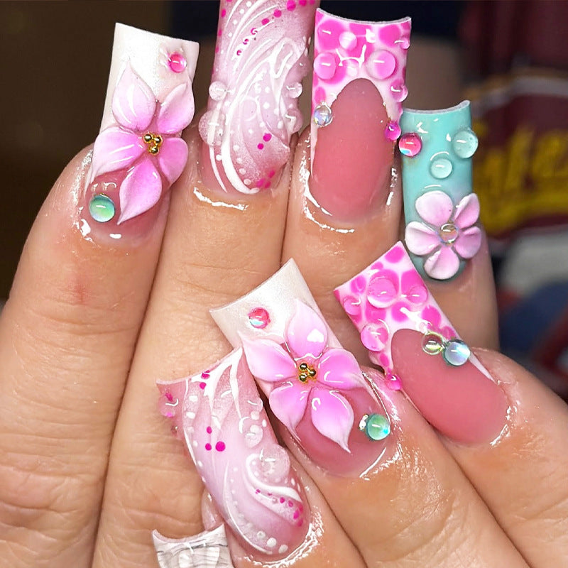 Floral Dream Long Square Pink with Beautiful Flower Accents Nail Set