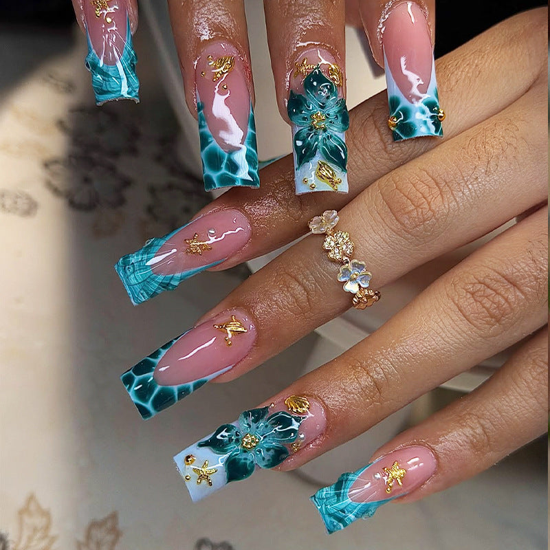 Ocean Dreams Long Square Teal Marble Nail Set with Floral Accents