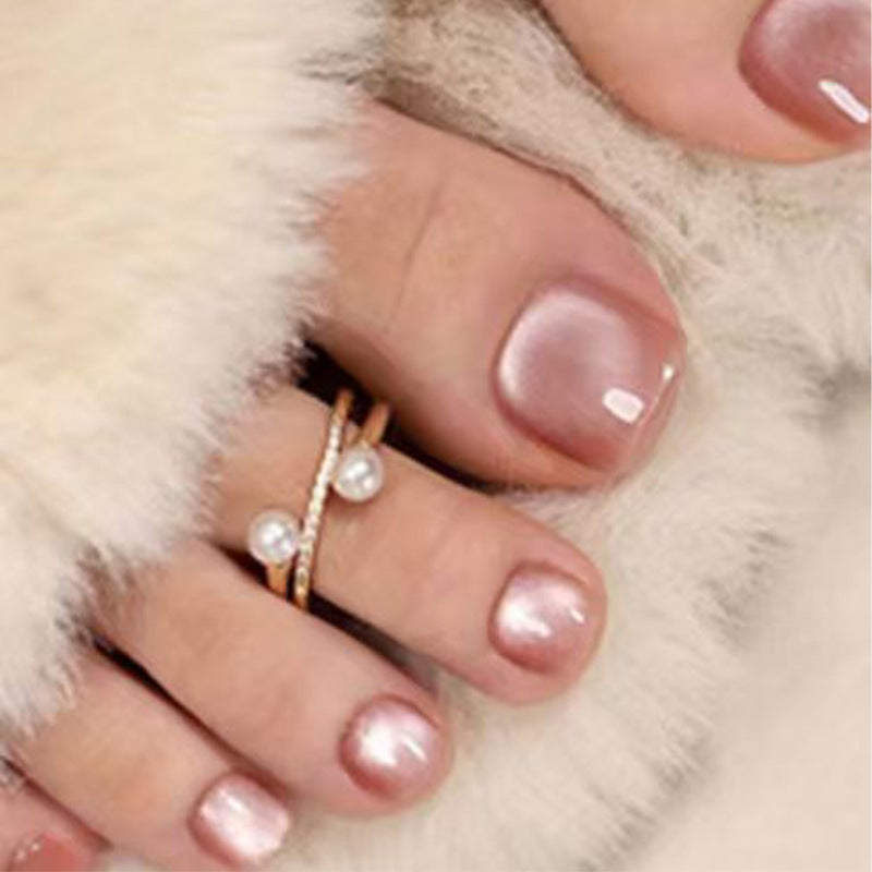 Elegant Glamour Short Square Blush Pink Shimmer Press On Toenail Set