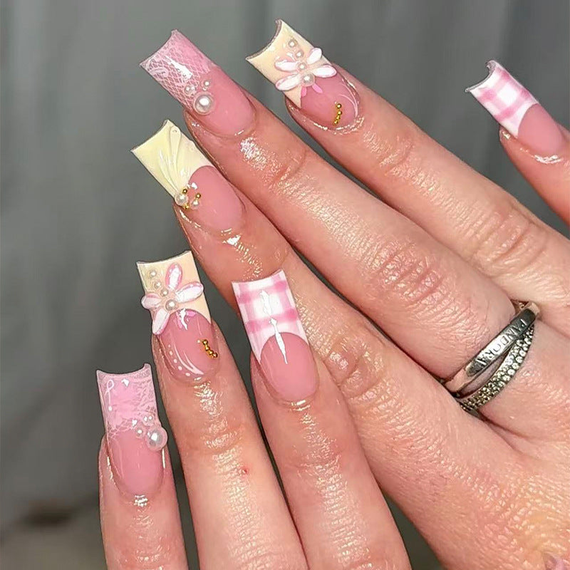 Charming Floral Long Square Pink Nail Set with Elegant Embellishments