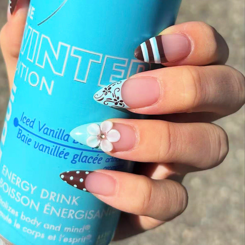 Chic Floral Inspired Medium Almond Mint Green with Adorable Flower Detail Press On Nail Set