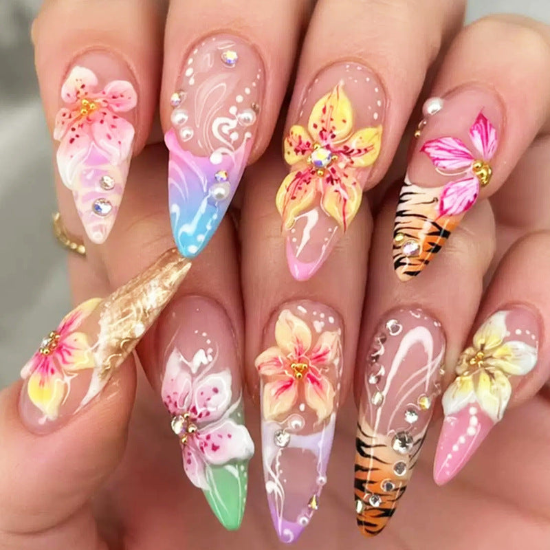 Tropical Paradise Medium Almond Pink Ombre with Floral Art and Rhinestone Accents Press On Nail Set