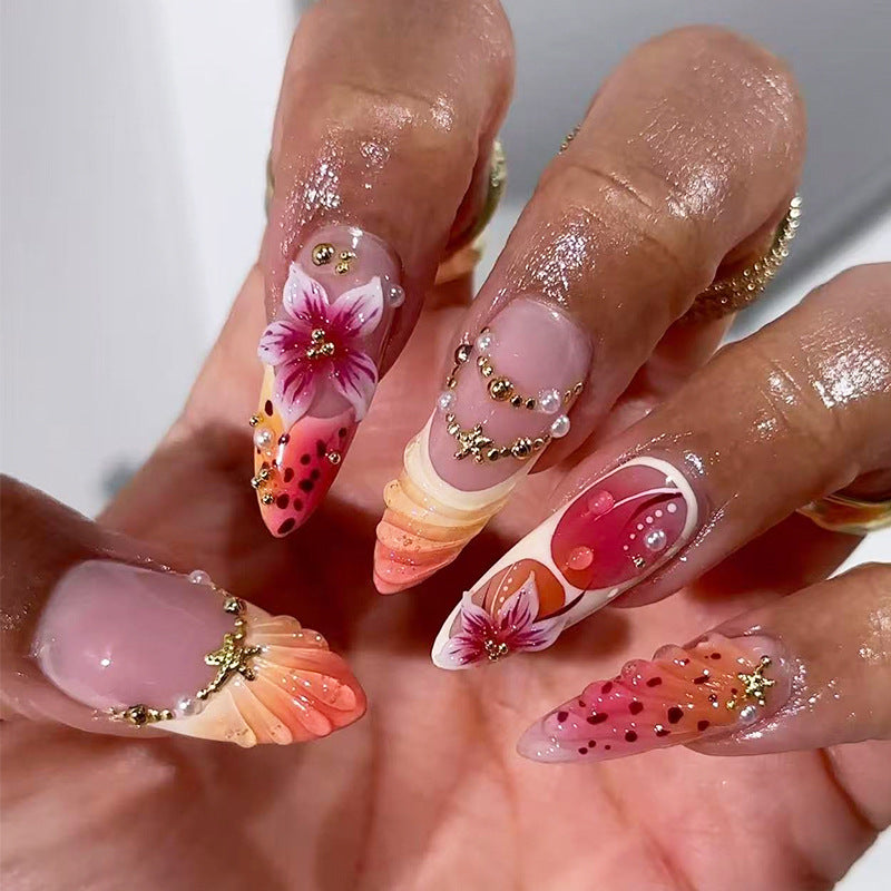 Tropical Vibes Long Almond Pink and Orange Floral Press-On Nail Set with Glitter Accents