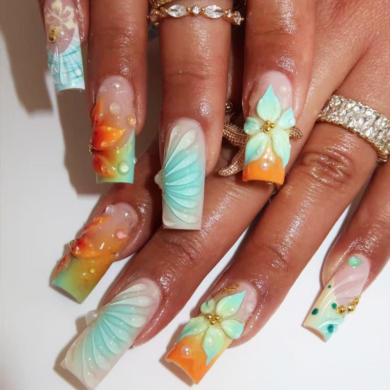 Tropical Vibe Long Square Aqua and Coral Floral Embellished Press On Nail Set