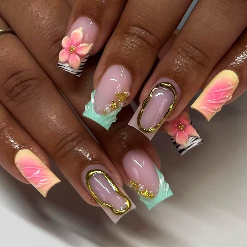 Tropical Bliss Long Square Pastel Press On Nail Set with Floral Accents