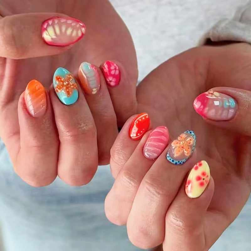 Vibrant Butterfly Blossom Short Almond Press On Nail Set with Unique Floral Art
