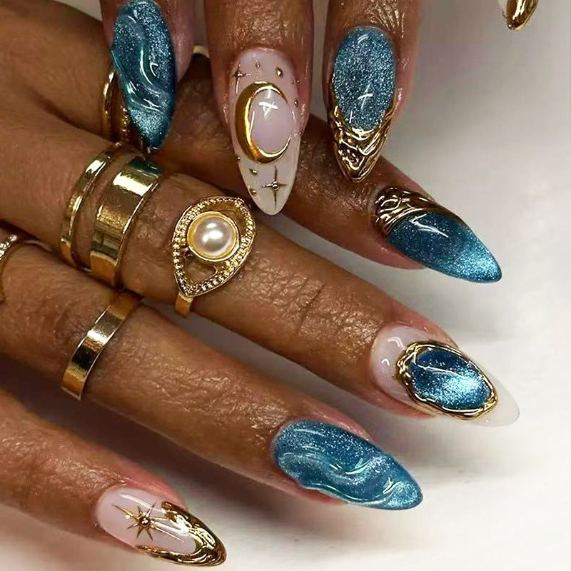 Celestial Glam Medium Almond Blue Glitter Press On Nail Set with Decorative Gold Accents