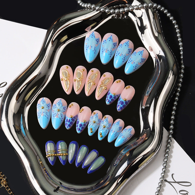 Dreamy Ocean Vibes Medium Almond Blue with Floral Accents Press-On Nail Set