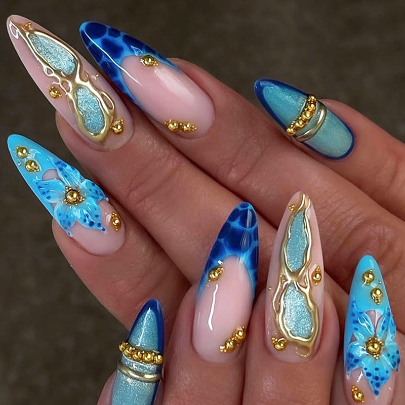 Ocean Breeze Long Almond Blue with Unique Gold Accents Nail Set