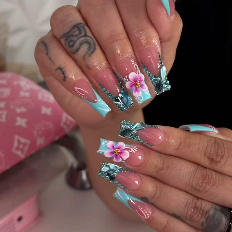 Tropical Paradise Long Square Aqua Floral Press On Nail Set with Glitter Accents