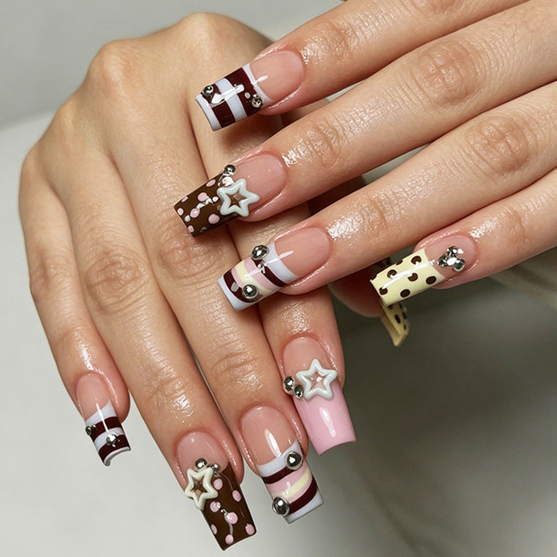 Dessert Delight Long Square Pink and Brown Press On Nail Set with Fun Star Decor