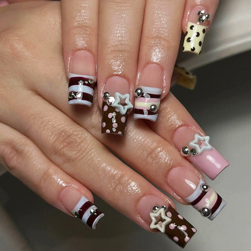 Whimsical Dessert Inspired Long Square Pink and Brown Nail Set with Unique Charms and Patterns