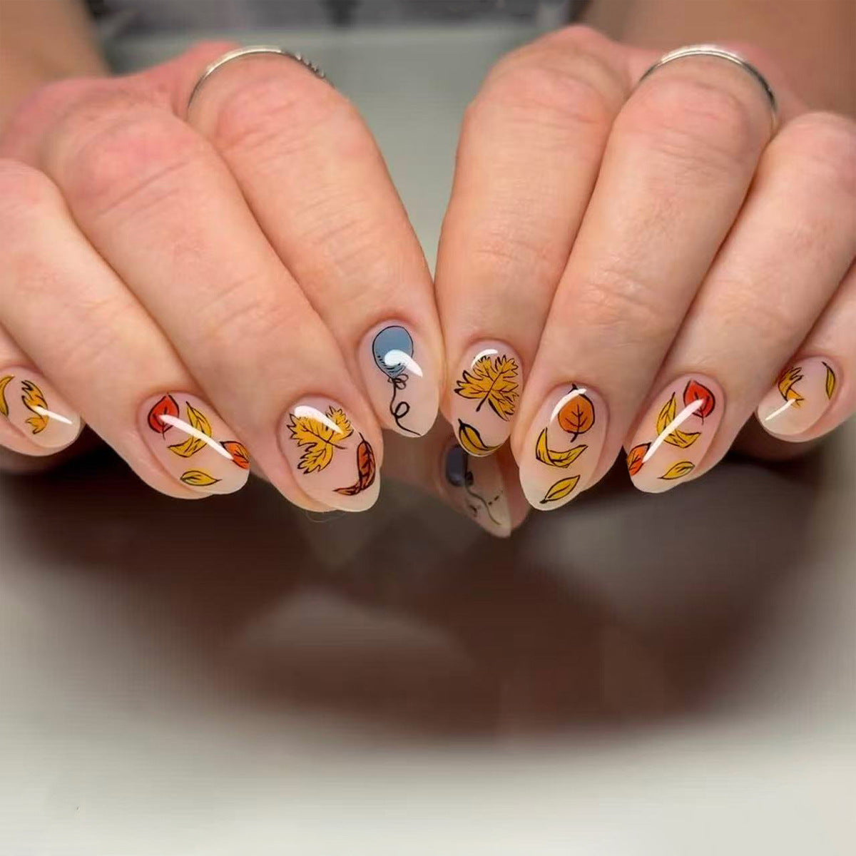 Autumn Breeze Medium Almond Beige with Artistic Leaf Design Press on Nail Set