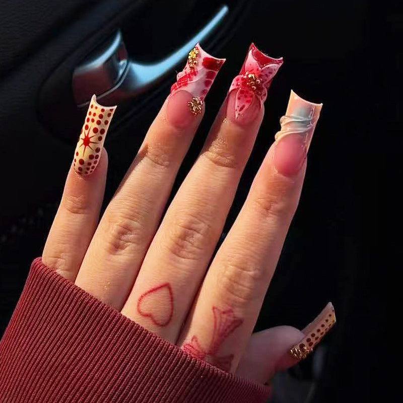 Elegant Floral Design Long Square Red and Gold Press-On Nail Set with Exquisite Details