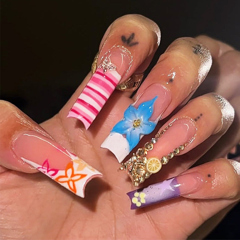 Tropical Vibes Long Square Colorful Floral Embellishments Press On Nail Set