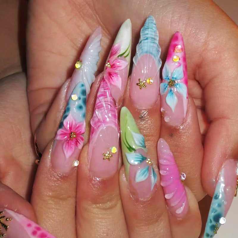 Tropical Elegance Medium Almond Colorful Floral Design Press-On Nail Set