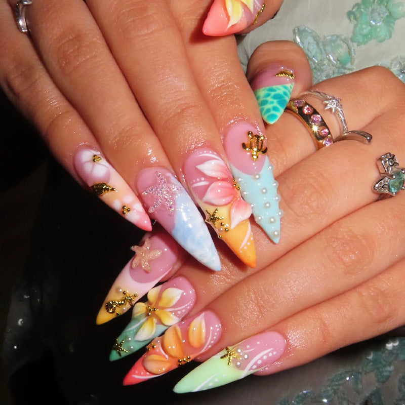 Vibrant Ocean Oasis Long Almond Multi-Color Floral Design Press on Nail Set