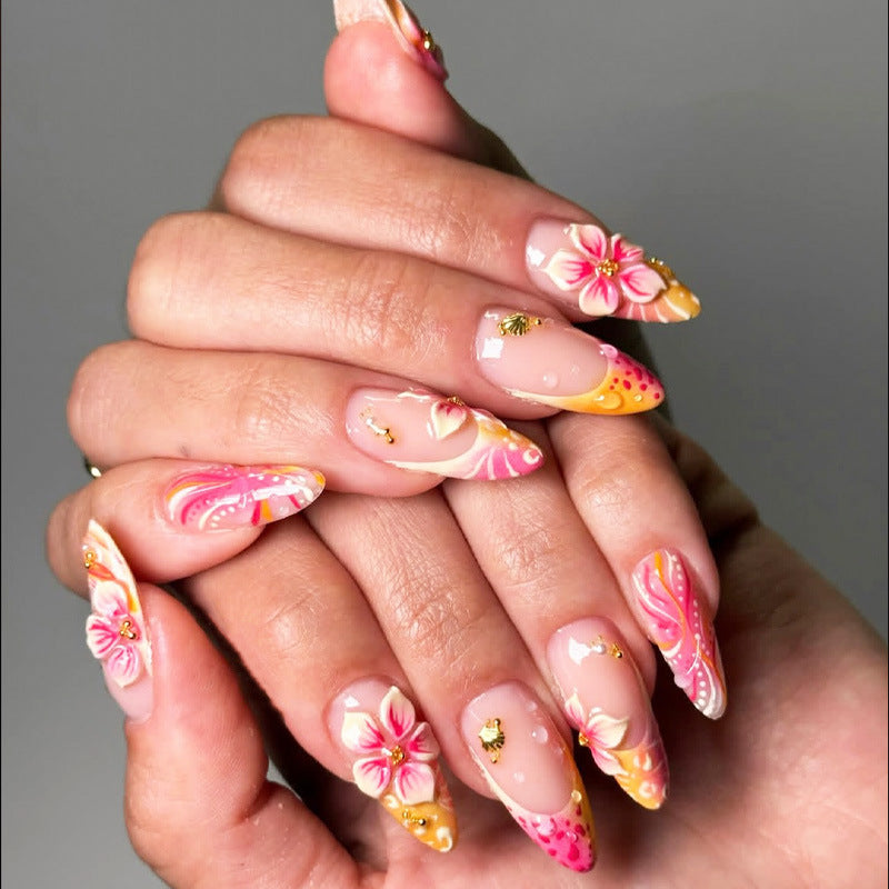Tropical Vibes Medium Almond Pink Floral Press On Nail Set