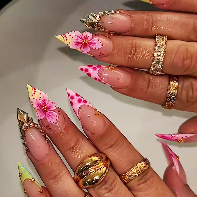 Tropical Paradise Medium Stiletto Pink Floral Press On Nail Set with Rhinestone Accents
