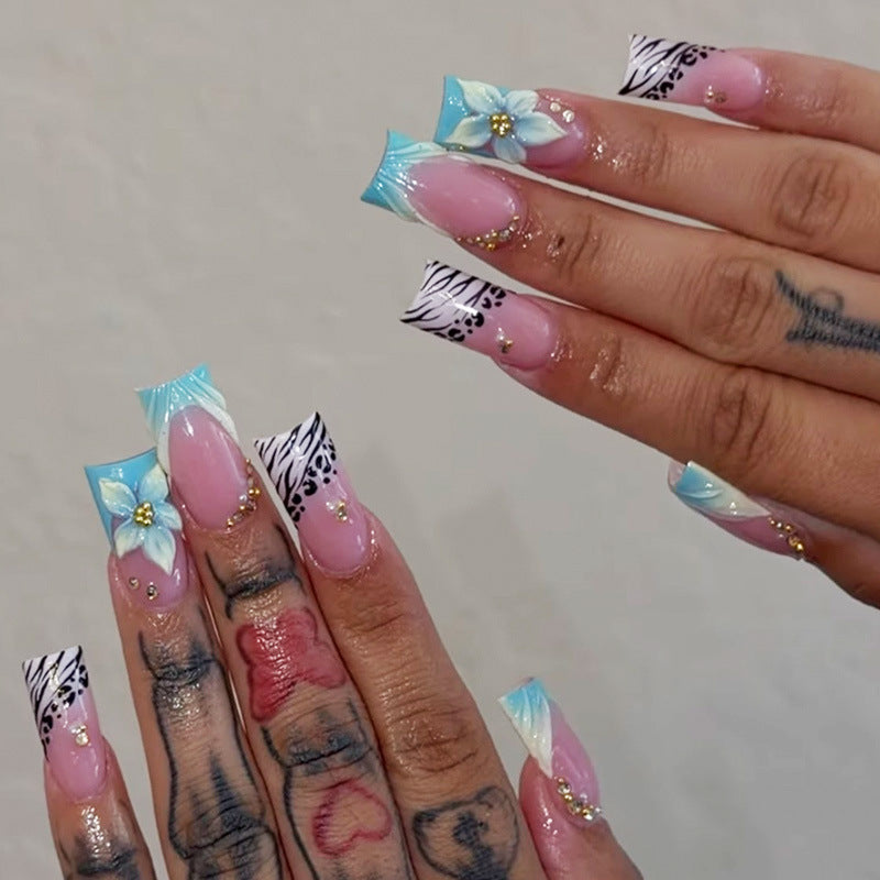 Tropical Bliss Long Square Blue Floral Nail Set