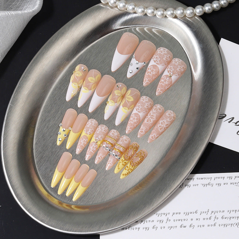 Elegant Floral Fantasy Medium Almond Beige Yellow with Chic Embellishments Press on Nail Set