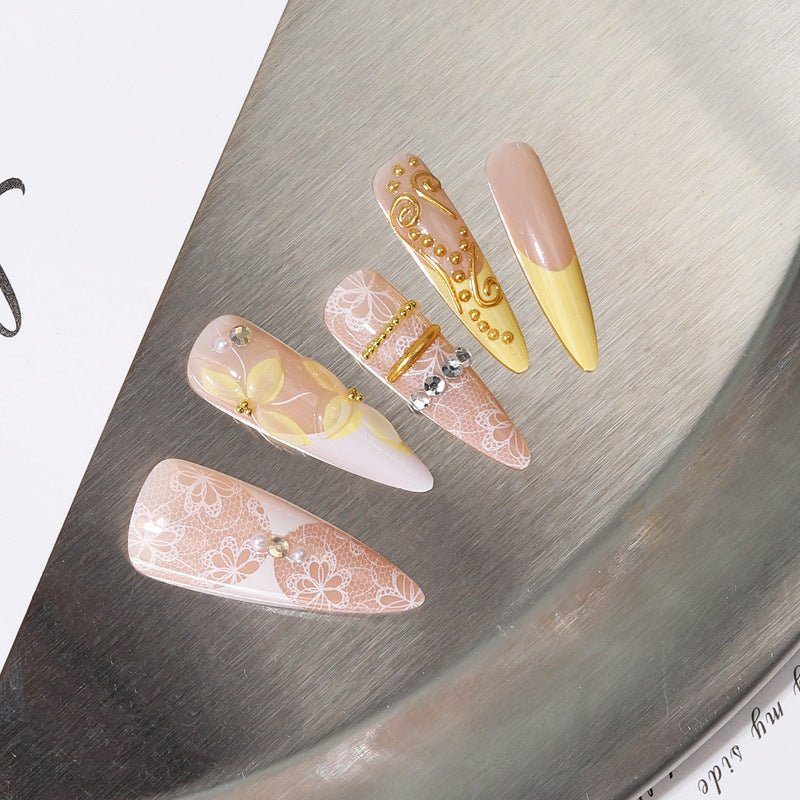 Bohemian Chic Long Almond Peachy Floral Press On Nail Set with Glamorous Gold Accents