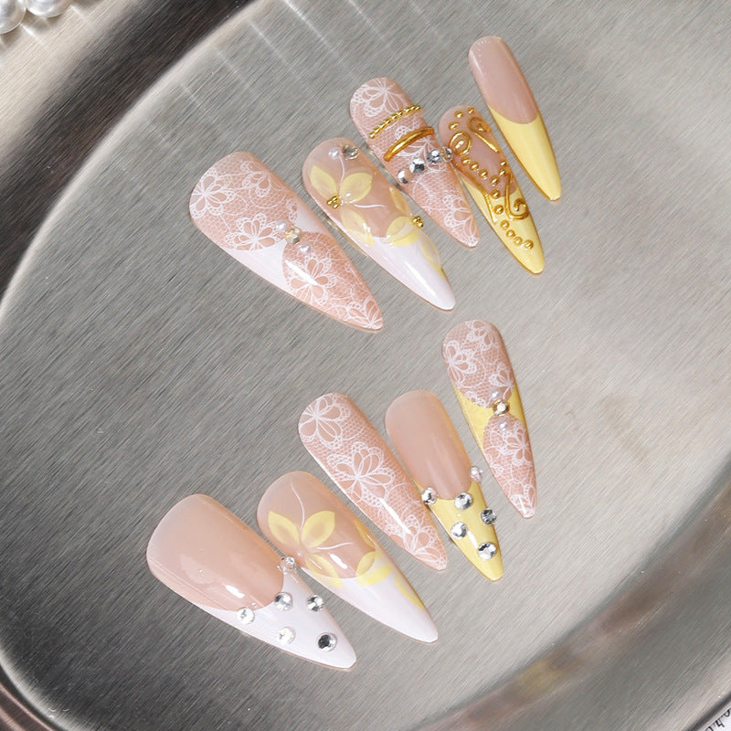 Breezy Floral Fantasy Long Almond Pastel Press on Nail Set with Elegant Embellishments