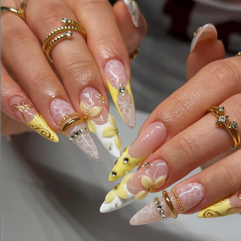 Elegant Floral Long Almond Yellow Nail Set with Glamorous Rhinestone Accents